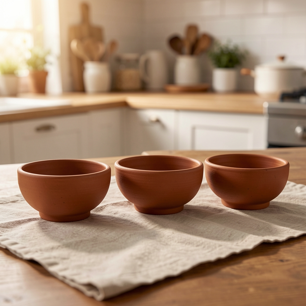 Three earthenware bowls of varying sizes arranged in a row on a linen cloth in warm kitchen light, illustrating portion comparison