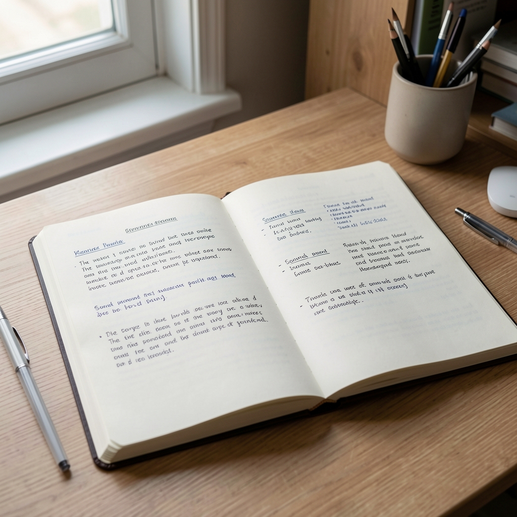 Open editorial notebook with handwritten review annotations and sourcing notes in a quiet workspace under natural light