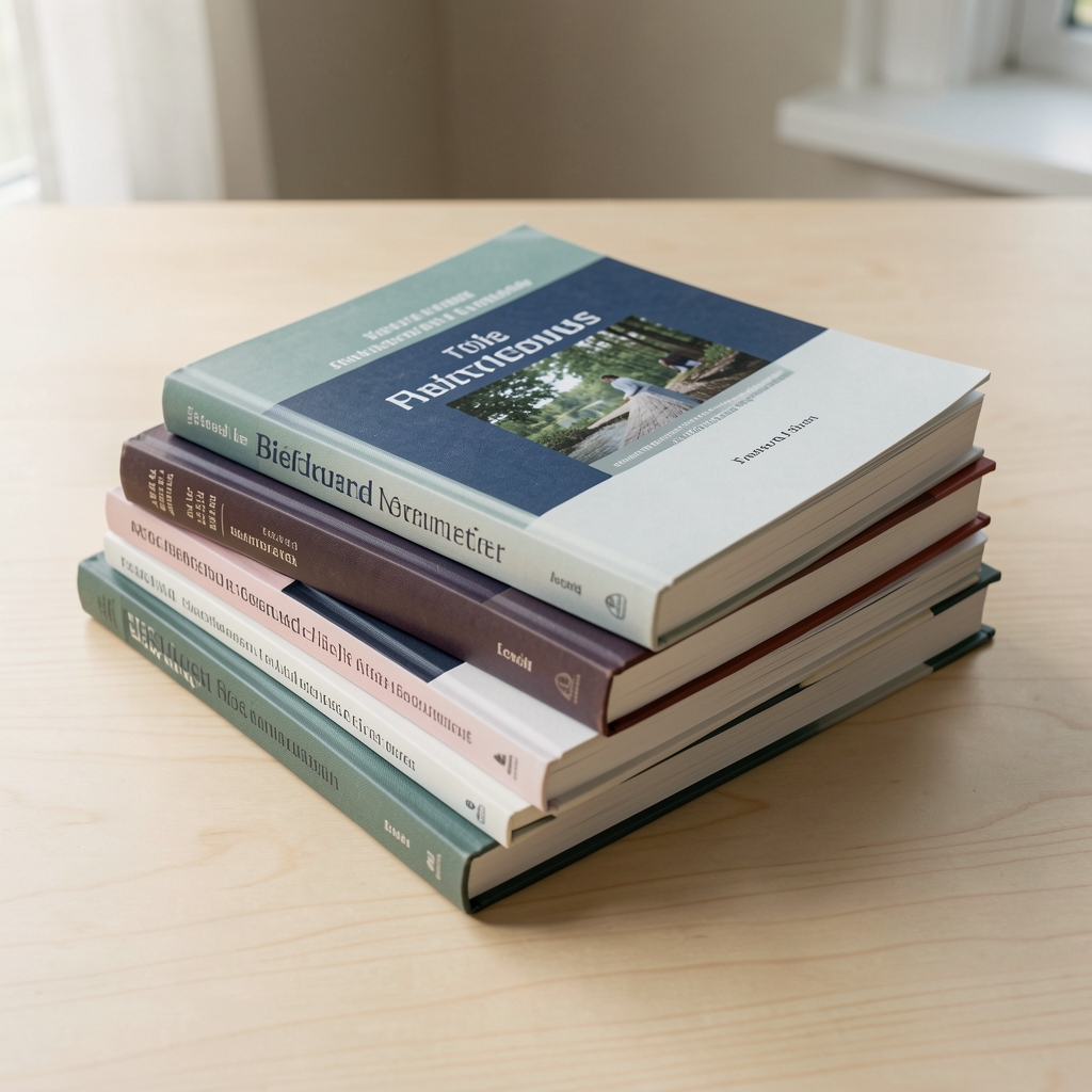 Stack of research journals and field notebooks in a considered arrangement on a pale wooden surface in diffused afternoon light